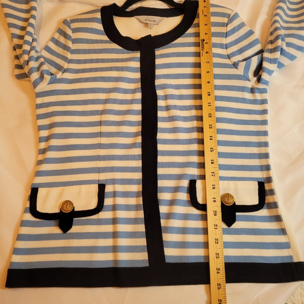 Misook Exclusively Women's Blue and White Stripe Navy Trim Cardigan Medium - Picture 12 of 13